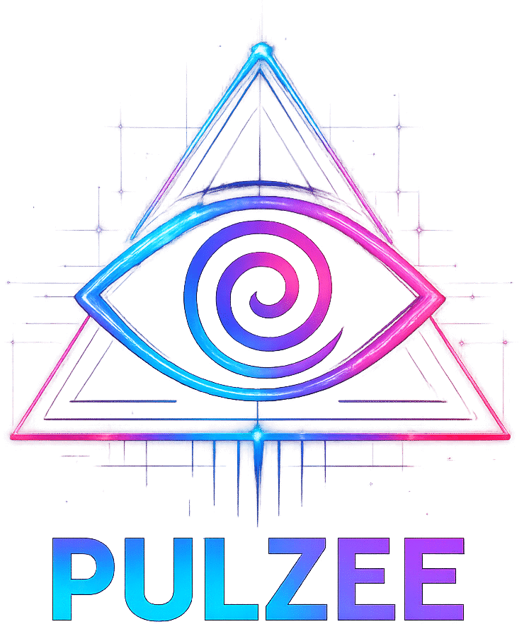 A modern logo featuring an eye with a spiral pattern above the word "PULZEE," set against a dark background with a gradient of purple and blue colors.